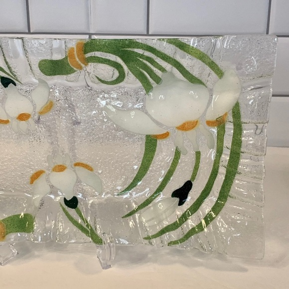 Vintage Sydenstricker Fused Glass Tray White Irises Ruffle Rim Large 16x7.5” - Picture 6 of 10